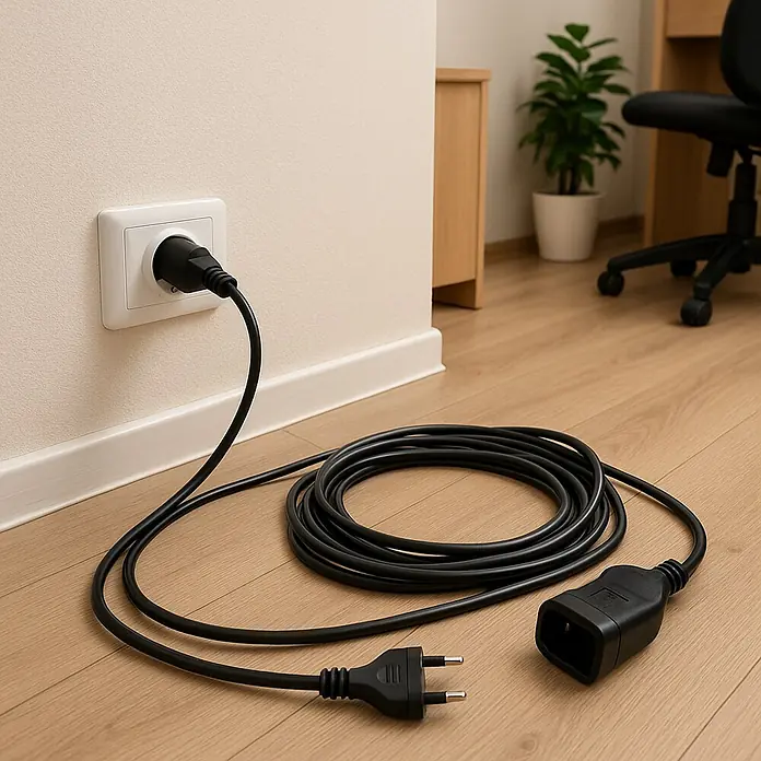Voltomat Verlängerungskabel - 3 m, Schwarz, H03VVH2-F - Eine schwarze Stromverlängerung mit Stecker und Kupplung liegt auf einem Holzboden und ist mit einer Steckdose verbunden.