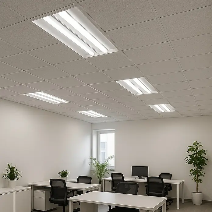 Osram Tubo fluorescente Daywhite - Largo: 29 cm, Blanco neutro, 8 W, 430 lm, G5 - Espacio de oficina con techo suspendido y luces de techo LED integradas para una iluminación brillante y eficiente.
