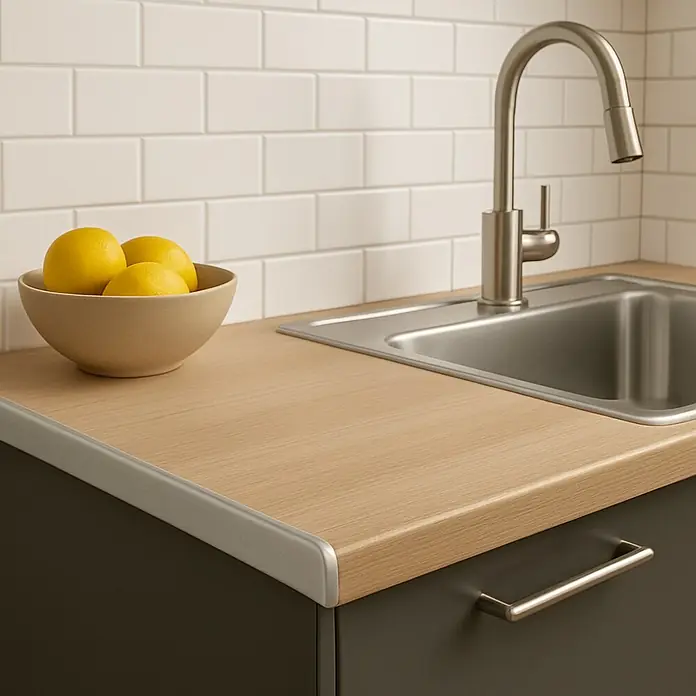 Maderas Daganzo Cantonera pieza en Blister - Aluminio, Mate, 650 x 30 mm - Primer plano de un fregadero de cocina de acero inoxidable con grifo y un cuenco de limones en una encimera clara.