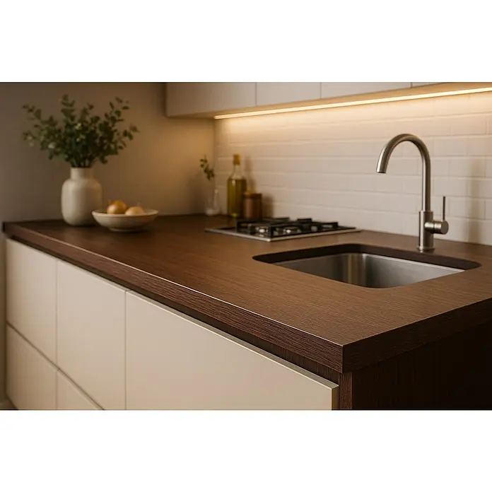 Maderas Daganzo Canto para encimera Blister - Wengué, 650 x 32 mm - Primer plano de una moderna encimera de cocina con una superficie de madera oscura, un fregadero y grifo de acero inoxidable, más una placa de cocina integrada.