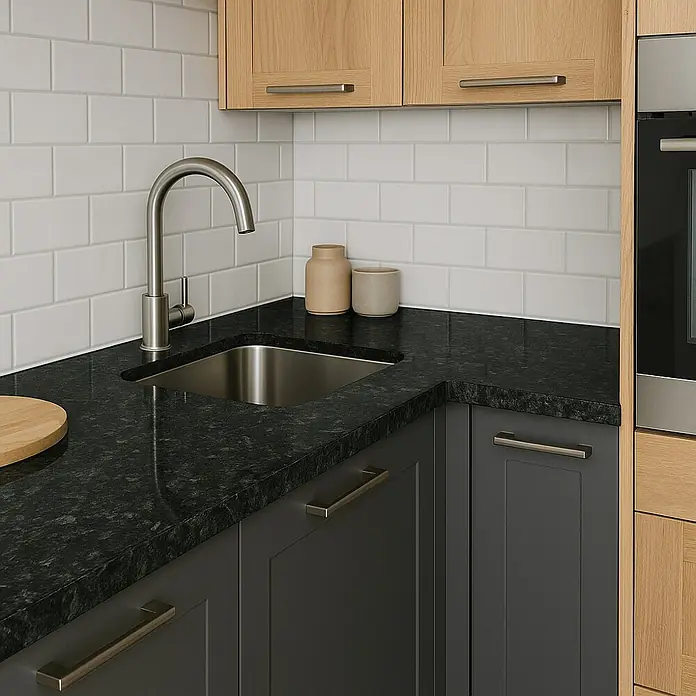 Maderas Daganzo Canto para encimera Blister PR568 - Negro, 650 x 32 mm - Fregadero de cocina con encimera y grifo. Muebles de cocina grises con tiradores bajo una encimera oscura y azulejos blancos.