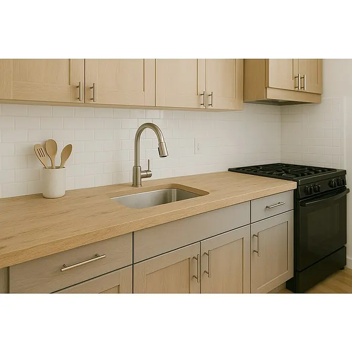 Encimera de cocina Roble Medio - Roble medio, 360 cm x 63 cm x 30 mm, Marrón - Fregadero de cocina de acero inoxidable con encimera y grifo en una cocina moderna con armarios de madera clara.