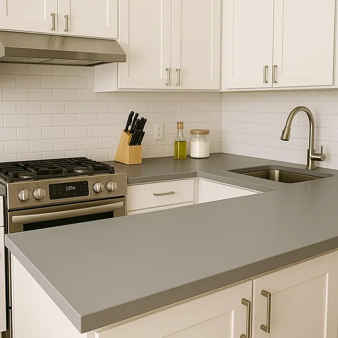 Encimera de cocina Sef Mate - Sef Mate, 360 cm x 63 cm x 30 mm, Gris claro - Elegante cocina con encimeras grises, armarios blancos y electrodomésticos de acero inoxidable. La encimera ofrece un amplio espacio para cocinar y preparar alimentos.