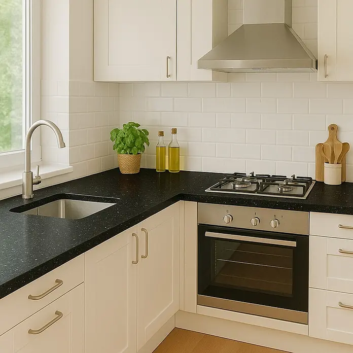 Encimera de cocina Marquina - Marquina, 360 cm x 63 cm x 30 mm, Negro - Vista de cocina con fregadero, grifo, fogones, horno y encimera con hierbas aromáticas y botellas de aceite. Los armarios de la cocina son blancos con tiradores dorados.