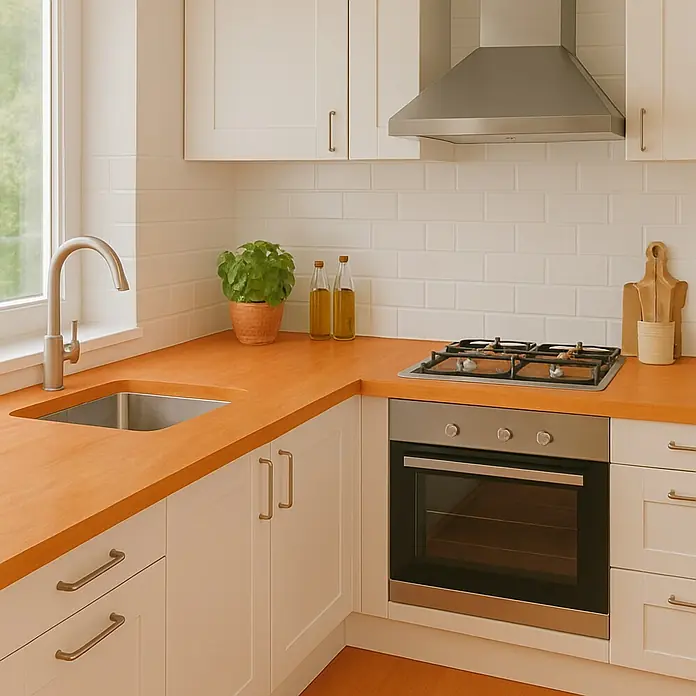 Maderas Daganzo Encimera de cocina al corte - Haya, Espesor: 30 mm, Ancho: 63 cm - Cocina moderna con estufa, fregadero y grifo de acero inoxidable, rodeada de armarios de cocina luminosos y una encimera de madera.