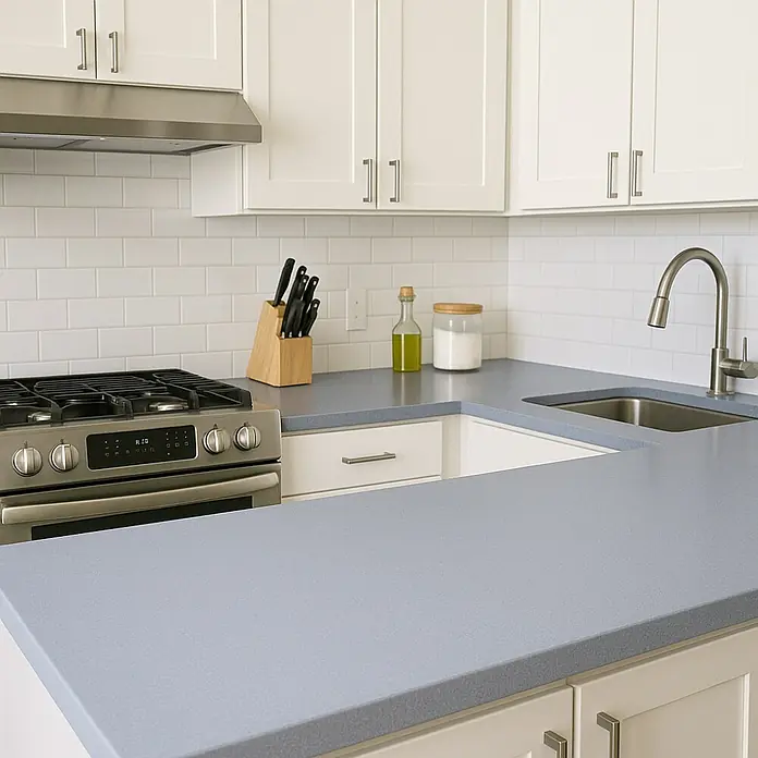 Maderas Daganzo Encimera de cocina al corte - Aluminio, Espesor: 38 mm, Ancho: 62 cm - Primer plano de una cocina moderna con armarios blancos, encimeras grises y un fregadero de acero inoxidable.
