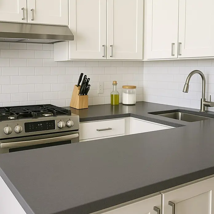 Maderas Daganzo Encimera de cocina al corte Cristal Gris - Gris, 360 cm x 63 cm x 38 mm - Elegante encimera de cocina gris con fregadero, hornilla y armarios blancos. Diseño elegante y funcional para cocinas modernas.