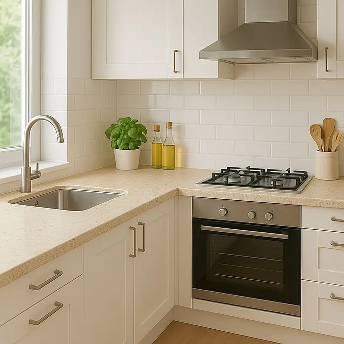 Maderas Daganzo Encimera de cocina al corte - Mármol, Espesor: 30 mm, Ancho: 63 cm - Cocina moderna con armarios blancos, fregadero de acero inoxidable, estufa y campana extractora para una experiencia de cocina elegante.