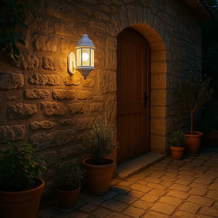 Aplique exterior Hamar - 60 W, 17,2 x 10 x 36,5 cm, Blanco, IP33 - Lámpara de pared exterior blanca decorativa junto a una puerta de madera, creando un ambiente cálido y acogedor.