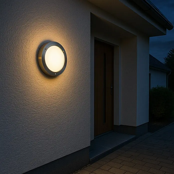 Starlux Plafón para pared y techo exterior Calgary - 25 W, Plateado, Blanco, G9 - Una lámpara de exterior redonda plateada en una pared junto a una puerta principal, iluminando la entrada. Diseño robusto para uso exterior.