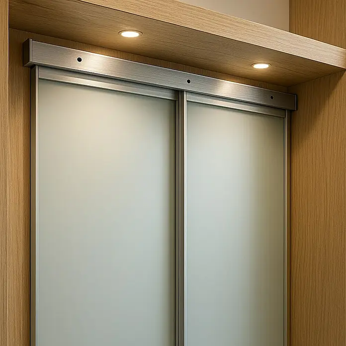 HBS Betz Carril de guía - 185 cm, Capacidad de carga: 60 kg, Ámbito de uso: Puertas correderas para habitaciones - Dos puertas correderas con vidrio esmerilado y marcos metálicos bajo una estantería de madera con focos empotrados.