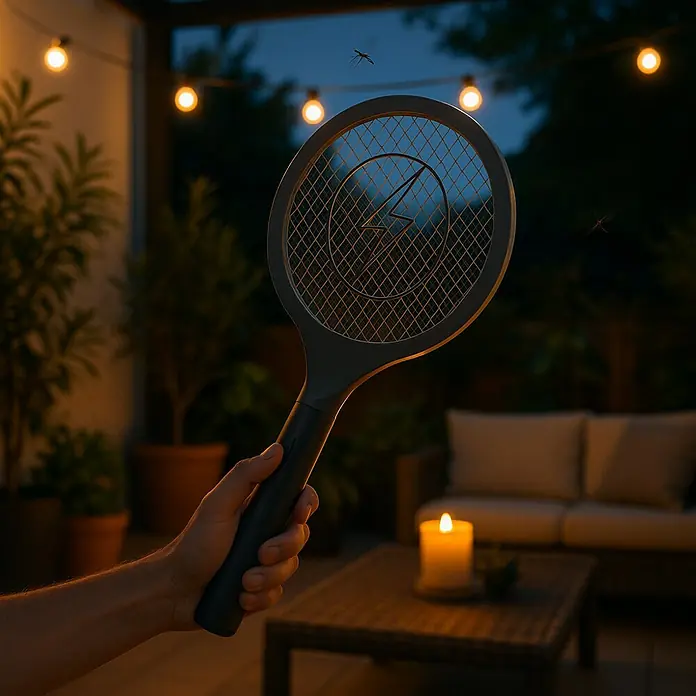 Matainsectos eléctrico raqueta - Funciona con pilas - Raqueta eléctrica matamoscas en acción, sostenida en la mano al aire libre para eliminar mosquitos. Ideal para cálidas noches de verano.