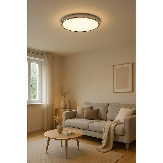 Eglo Fueva 6 LED-Deckenleuchte - 11,5 W, Chrom, Warmweiß - Eine moderne Deckenleuchte mit runder Form und sanftem Licht erhellt ein gemütliches Wohnzimmer mit Sofa, Tisch und Fenster.