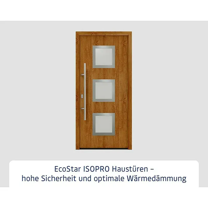 Hörmann EcoStar Haustür ISOPRO IP 810S - 110 x 210 cm, DIN Anschlag: Links, Golden Oak - EcoStar ISOPRO Haustür mit Holzstruktur, drei quadratischen Fenstern und einem langen, silbernen Griff für hohe Sicherheit und Wärmeisolierung.