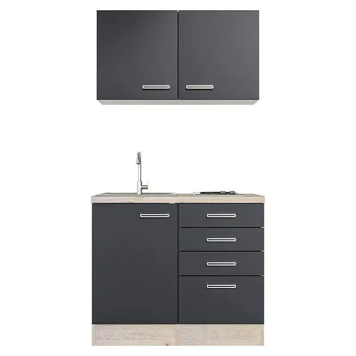 Flex-Well Turin Miniküche - Breite: 100 cm, Anthrazit, Mit Elektrogeräten - Grauer Küchenschrank mit Spüle und vier Schubladen. Die Hängeschränke sind ebenfalls grau und haben silberne Griffe.