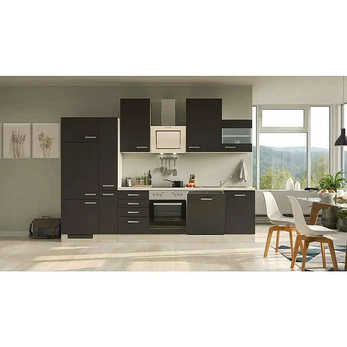 Flex-Well Turin Küchenzeile Typ 6 - Breite: 310 cm, Anthrazit, Mit Elektrogeräten - Eine moderne Küche mit anthrazitfarbenen Schränken, weißen Arbeitsplatten und einem großen Fenster. Der Raum ist hell und einladend gestaltet.