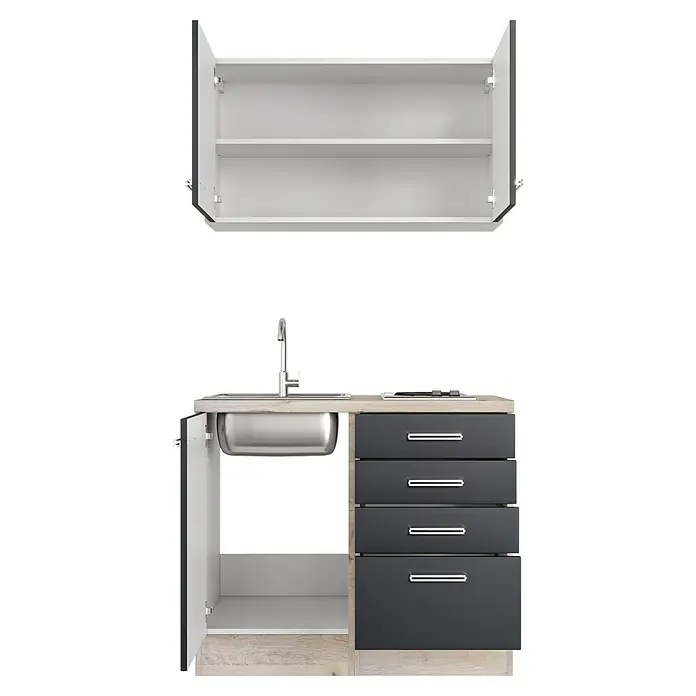 Flex-Well Turin Miniküche - Breite: 100 cm, Anthrazit, Mit Elektrogeräten - Küchenzeile mit Spüle, Arbeitsfläche, Schubladen und Hängeschrank. Das moderne Design bietet viel Stauraum und Funktionalität.