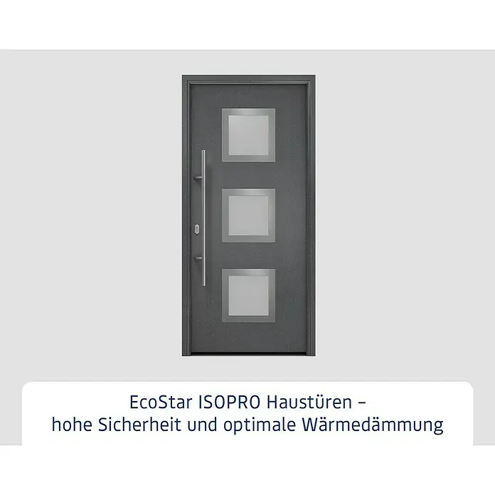Hörmann EcoStar Haustür ISOPRO IP 810S - 110 x 210 cm, DIN Anschlag: Links, CH 703 Anthrazit Metallic - Graue EcoStar ISOPRO Haustür mit drei quadratischen Fenstern und einem vertikalen Türgriff für hohe Sicherheit und Wärmedämmung.