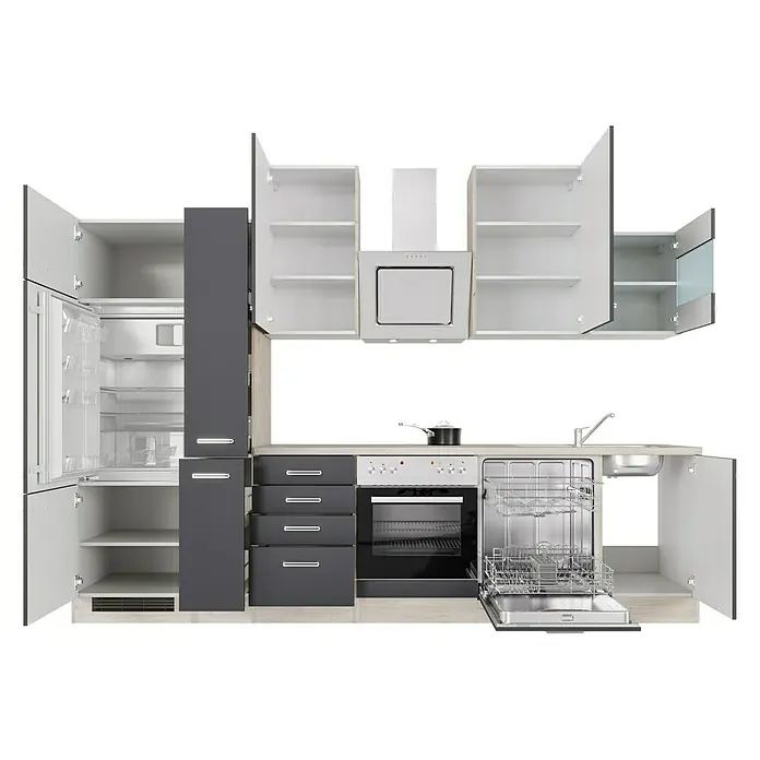 Flex-Well Turin Küchenzeile Typ 6 - Breite: 310 cm, Anthrazit, Mit Elektrogeräten - Küchendesign mit weißen Schränken, grauem Kühlschrank und Kochfeld mit Dunstabzugshaube für ein modernes Ambiente.