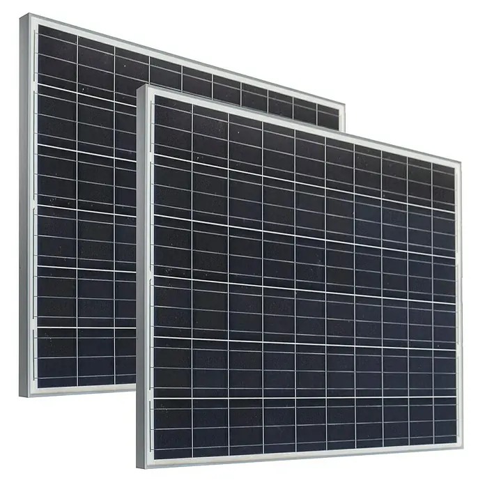 Sunset Balkonkraftwerk SunPay 600W inkl. Halterung - 0% MwSt. (gem. § 12 Abs. 3 UStG) - Monofazial, 600 W, L x B x H: 3,5 x 99,2 x 148 cm - Nahaufnahme von zwei Solarmodulen mit silbernen Rahmen und einer Oberfläche, die aus mehreren rechteckigen Solarzellen besteht.