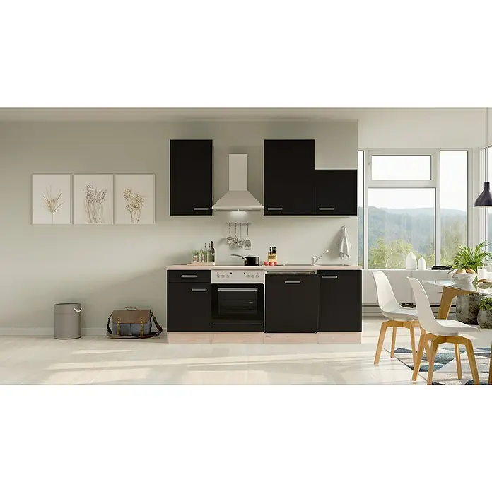 Flex-Well Turin Küchenzeile Typ 1 - Breite: 220 cm, Höhe: 234 cm, Anthrazit, Mit Elektrogeräten - Ein modernes Küchenset in Schwarz und Beige mit Küchengeräten und einem Esstischbereich mit weißen Stühlen.