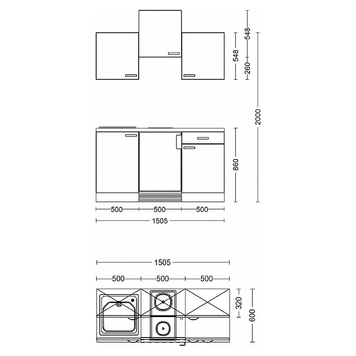 Flex-Well Turin Singleküche (Breite: 150 cm, Anthrazit, Mit Elektrogeräten) | BAUHAUS
