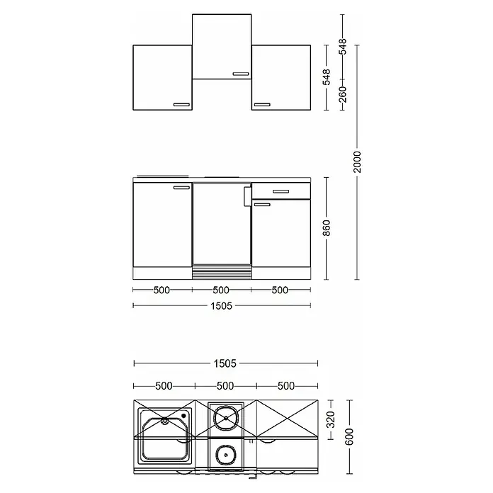 Flex-Well Turin Singleküche - Breite: 150 cm, Anthrazit, Mit Elektrogeräten - Technische Zeichnung einer modularen Küchenzeile mit Ober- und Unterschränken, Spüle, Kochfeld und Maßen.