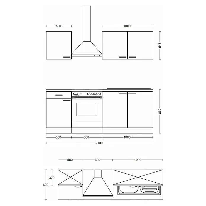 Flex-Well Valero Singleküche - Breite: 210 cm, Weiß, Mit Elektrogeräten - Küchengrundriss-Diagramm mit Ober- und Unterschränken, Geräten und detaillierten Maßen.