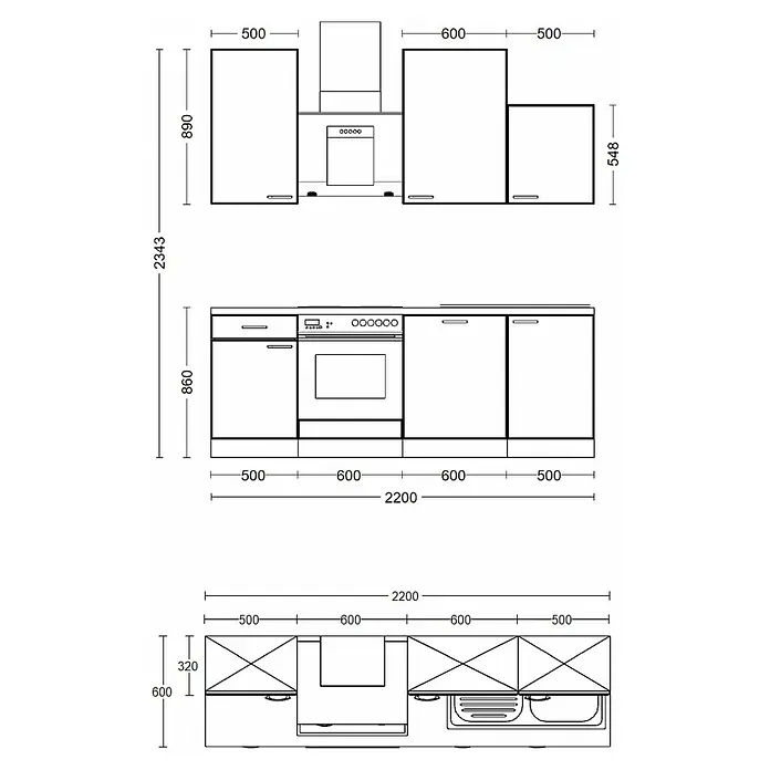 Flex-Well Rom  Küchenzeile Typ 4 - Breite: 220 cm, Weiß, Mit Elektrogeräten - Bemaßte technische Zeichnung eines modularen Küchenlayouts mit Unter- und Oberschränken, integrierten Geräten wie Backofen, Kochfeld, Spülmaschine und Spüle.