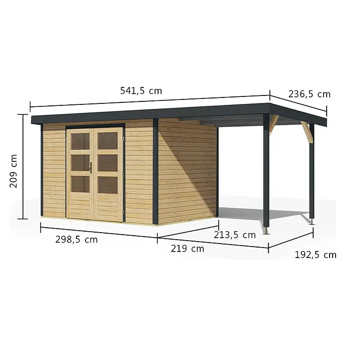 Karibu Gartenhaus Jupiter 4 A - Außenmaß inkl. Dachüberstand (B x T): 541,5 x 236,5 cm, Holz, Naturbelassen/Anthrazit, Mit Seitendach - Holzgartenhaus mit angebautem dunkelgrauem Carport. Das Haus hat Doppeltüren mit Glas und hellbraune Holzwände.
