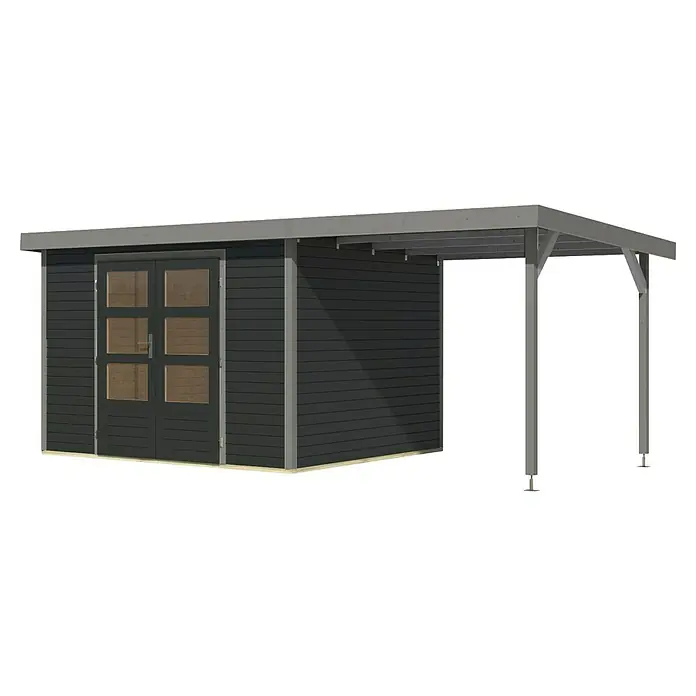 Karibu Gartenhaus Jupiter 5 C - Außenmaß inkl. Dachüberstand (B x T): 541,5 x 266,5 cm, Holz, Anthrazit/Grau, Mit Seitendach - Dunkles Gartenhaus mit Doppeltür und seitlichem Carport, ideal für Lagerung und als Unterstand. Das Design ist modern und funktional.