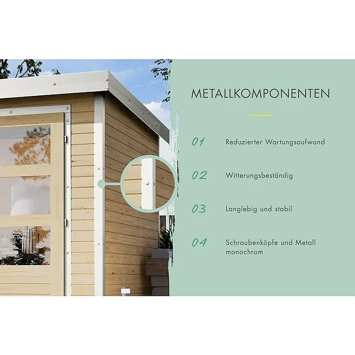 Karibu Gartenhaus Pluto 7 B - Außenmaß inkl. Dachüberstand (B x T): 390 x 273 cm, Holz, Terragrau/Weiß - Detailaufnahme eines Gartenhauses, das die Metallkomponenten hervorhebt. Die Metallteile garantieren lange Haltbarkeit und Stabilität.