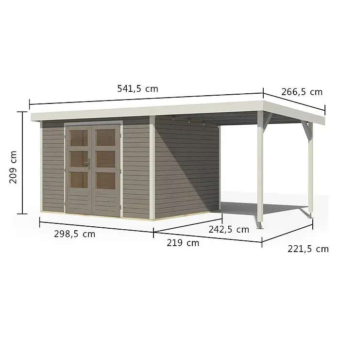 Karibu Gartenhaus Jupiter 5 D - Außenmaß inkl. Dachüberstand (B x T): 541,5 x 266,5 cm, Holz, Wassergrau/Weiß, Mit Seitendach - Grauer Holzgeräteschuppen mit Doppeltüren und angebautem hellem Carport.
