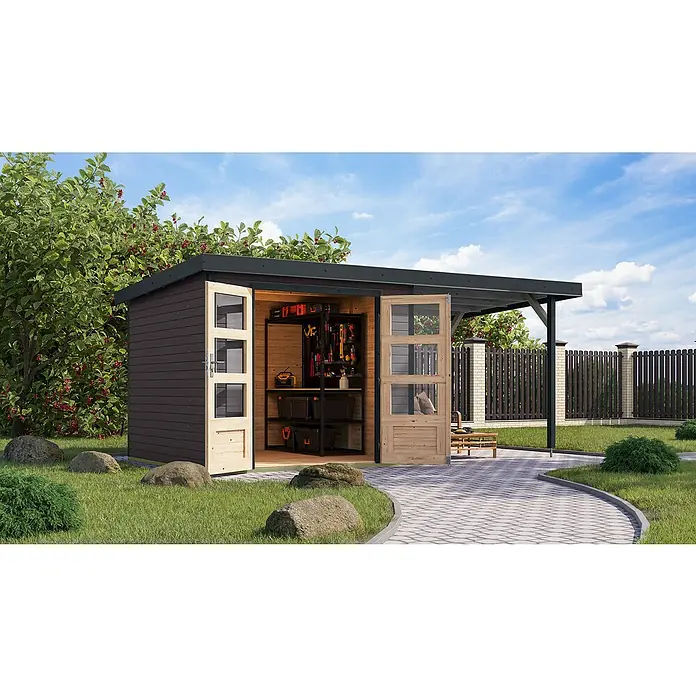 Karibu Gartenhaus Jupiter 3,5 B - Außenmaß inkl. Dachüberstand (B x T): 486,5 x 266,5 cm, Holz, Terragrau/Anthrazit, Mit Seitendach - Ein modernes Gartenhaus mit offenstehenden Glastüren, das einen Einblick in das aufgeräumte Innere mit Werkzeugen und Regalen bietet.