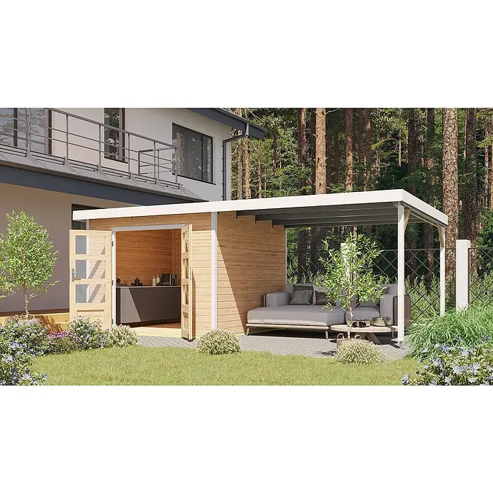 Karibu Gartenhaus Pluto 6 A - Außenmaß inkl. Dachüberstand (B x T): 595,5 x 292,4 cm, Fichte/ Metall, Naturbelassen/ Weiß - Eine moderne Gartenlaube mit Holzwänden, offenem Wohnbereich und einer praktischen Außenküche für entspannte Stunden im Freien.