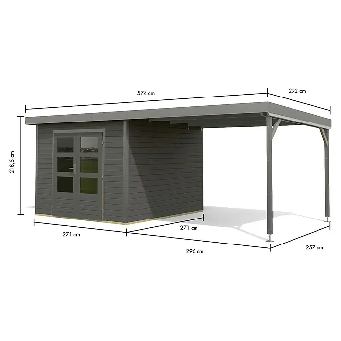 Karibu Gartenhaus Pluto 6 B - Außenmaß inkl. Dachüberstand (B x T): 595,5 x 292,4 cm, Holz, Terragrau/Grau - Dunkelgrauer Holz-Gartenschuppen mit Doppeltüren und angebautem Carport, mit Maßen.