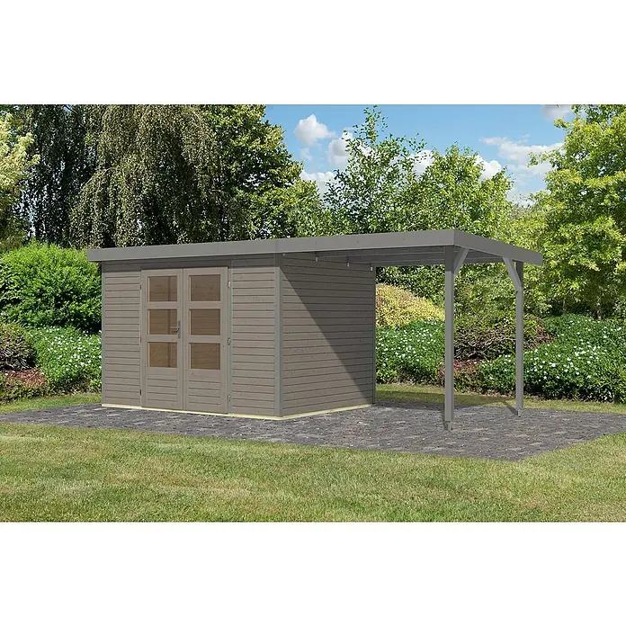 Karibu Gartenhaus Jupiter 4 D - Außenmaß inkl. Dachüberstand (B x T): 541,5 x 236,5 cm, Holz, Wassergrau/Grau, Mit Seitendach - Ein modernes Gartenhaus mit Anbau, ideal für zusätzlichen Stauraum und Wetterschutz im Garten, in natürlicher Umgebung.
