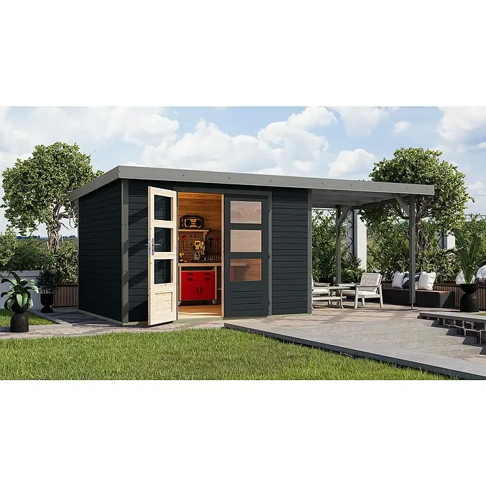 Karibu Gartenhaus Jupiter 5 C - Außenmaß inkl. Dachüberstand (B x T): 541,5 x 266,5 cm, Holz, Anthrazit/Grau, Mit Seitendach - Moderne Gartenlaube mit Werkstattbereich und Sitzgelegenheit im Freien für entspannte Stunden im Grünen.