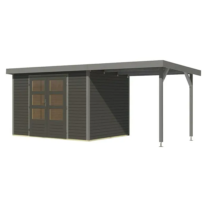 Karibu Gartenhaus Jupiter 4 B - Außenmaß inkl. Dachüberstand (B x T): 541,5 x 236,5 cm, Holz, Terragrau/Grau, Mit Seitendach - Abbildung eines modernen Gartenhauses in Anthrazit mit praktischem Carport-Anbau für zusätzlichen Stauraum im Freien.
