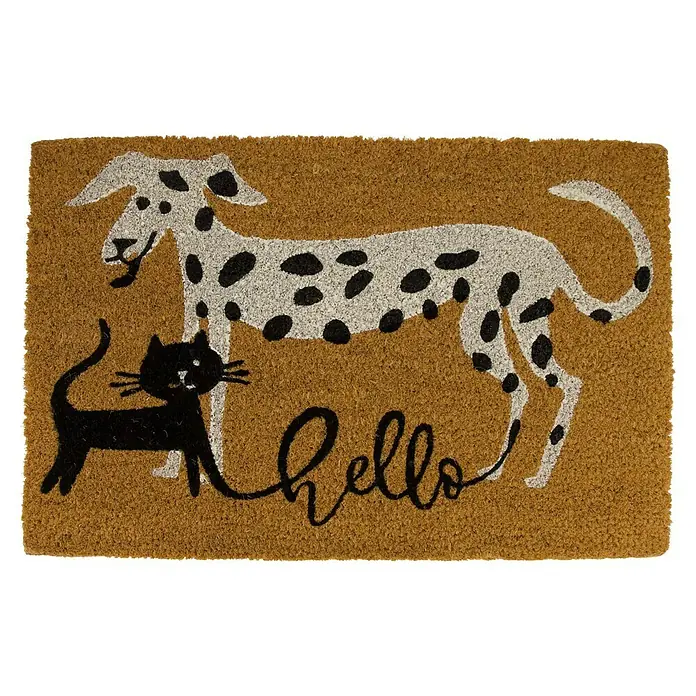 Fußmatte Bello - 58 x 38 cm, Natur/Schwarz/Weiß, Material Nutzschicht: Kokos, Kokos - Braune Kokos-Fußmatte mit weißem gepunktetem Hund, schwarzer Katze und 'hello'-Schriftzug.