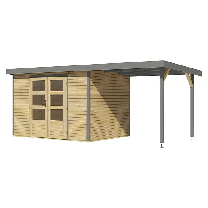 Karibu Gartenhaus Jupiter 4 A - Außenmaß inkl. Dachüberstand (B x T): 541,5 x 236,5 cm, Holz, Naturbelassen/Grau, Mit Seitendach - Holzgartenhaus mit Carportanbau. Die grauen Umrandungen setzen stilvolle Akzente. Eine ideale Ergänzung für jeden Garten, praktisch und ästhetisch.