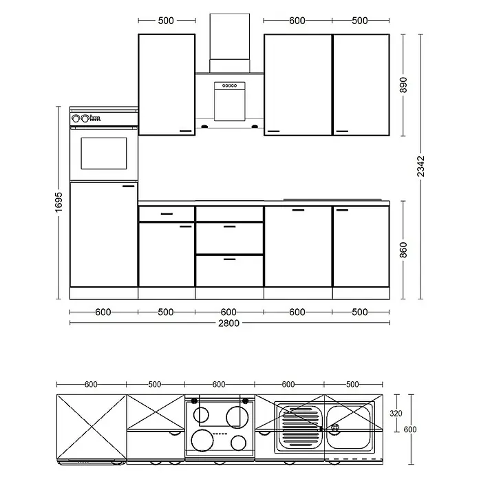 Flex-Well Rom  Küchenzeile Typ 5 - Breite: 280 cm, Weiß, Mit Elektrogeräten - Technische Zeichnung eines Küchengrundrisses mit Schränken, Geräten und Bemaßungen, in Vorder- und Draufsicht.