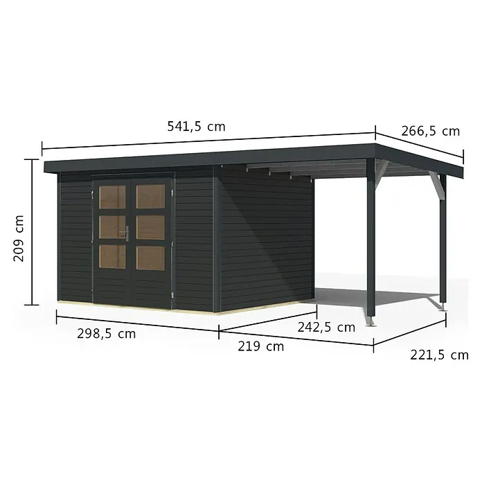 Karibu Gartenhaus Jupiter 5 C - Außenmaß inkl. Dachüberstand (B x T): 541,5 x 266,5 cm, Holz, Anthrazit, Mit Seitendach - Dunkelgraues Holzgartenhaus mit integriertem Carport, Doppeltüren und Pultdach.