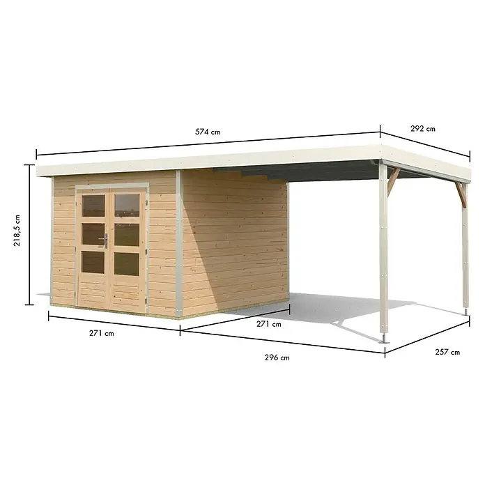Karibu Gartenhaus Pluto 6 A - Außenmaß inkl. Dachüberstand (B x T): 595,5 x 292,4 cm, Fichte/ Metall, Naturbelassen/ Weiß - Gartenhaus aus Holz mit integriertem Carport, weißem Dach und heller Holzkonstruktion.