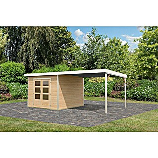 Karibu Gartenhaus Pluto 6 A (Außenmaß inkl. Dachüberstand (B x T): 595,5 x 292,4 cm, Fichte/ Metall, Naturbelassen/ Weiß)
