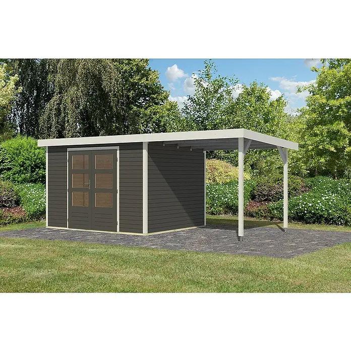 Karibu Gartenhaus Jupiter 5 B - Außenmaß inkl. Dachüberstand (B x T): 541,5 x 266,5 cm, Holz, Terragrau/Weiß, Mit Seitendach - Ein modernes Gartenhaus mit Carport-Anbau, ideal für zusätzlichen Stauraum und Wetterschutz im Garten.