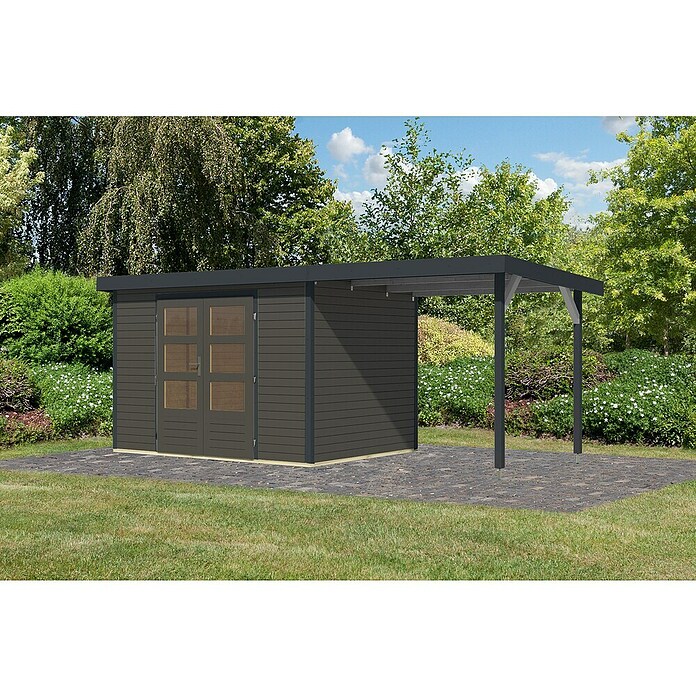 Karibu Gartenhaus Jupiter 4 B (Außenmaß inkl. Dachüberstand (B x T): 541,5 x 236,5 cm, Holz, Terragrau/Anthrazit, Mit Seitendach) | BAUHAUS