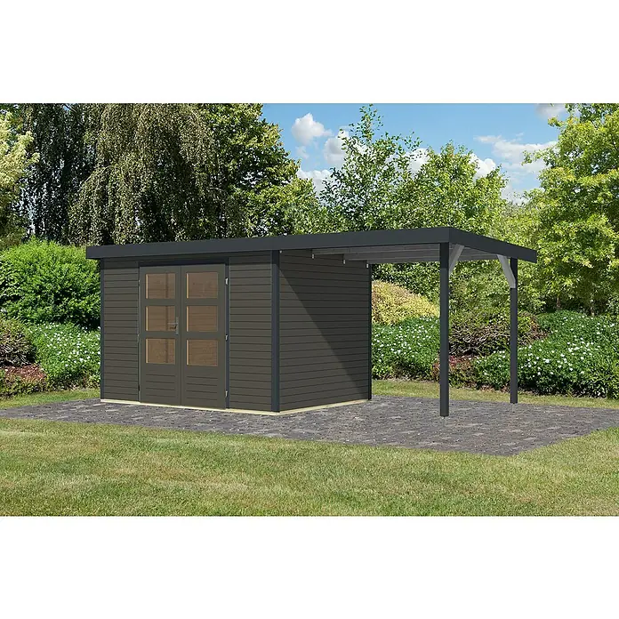 Karibu Gartenhaus Jupiter 4 B - Außenmaß inkl. Dachüberstand (B x T): 541,5 x 236,5 cm, Holz, Terragrau/Anthrazit, Mit Seitendach - Ein modernes Gartenhaus mit integriertem Carport bietet zusätzlichen Stauraum und Schutz im Freien. Ideal für Gartenliebhaber.