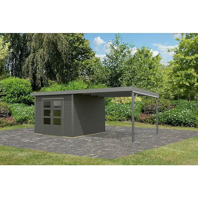 Karibu Gartenhaus Pluto 6 B - Außenmaß inkl. Dachüberstand (B x T): 595,5 x 292,4 cm, Holz, Terragrau/Grau - Ein modernes Gartenhaus mit einem angebauten Carport, ideal für zusätzlichen Stauraum und Schutz im Freien.