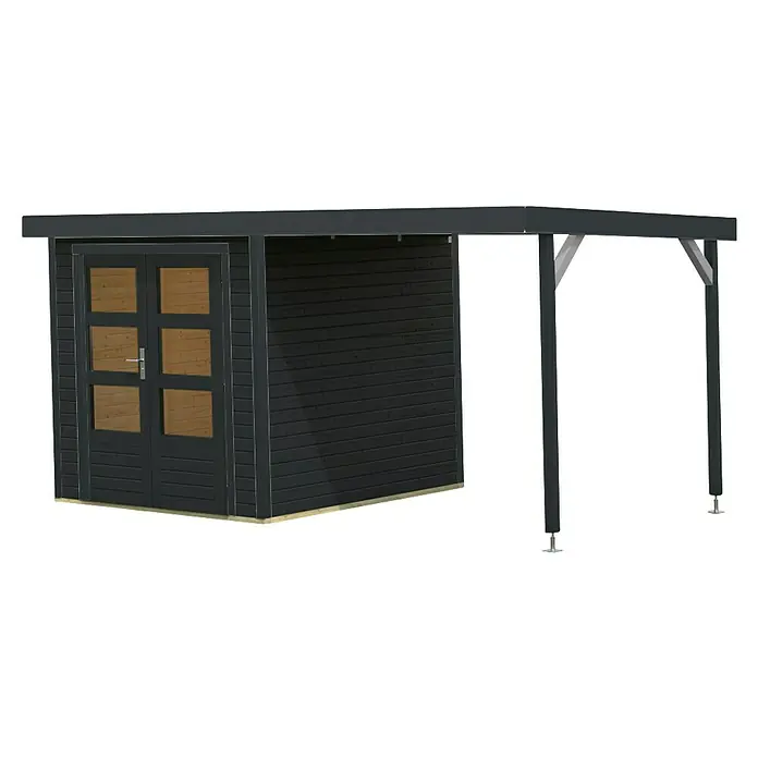 Karibu Gartenhaus Jupiter 2 C - Außenmaß inkl. Dachüberstand (B x T): 453 x 235 cm, Holz, Anthrazit - Schwarzes Holzhaus mit Doppeltür und überdachtem Bereich, ideal als Gartenhaus oder Geräteschuppen.
